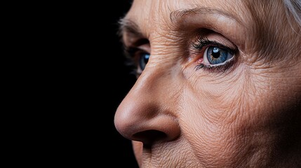 Fototapeta premium Close-up of an elderly woman's face. Detailed focus on wrinkles and blue eye against a black background, highlighting aging and wisdom.