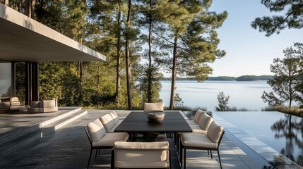 photography of a modern outdoor dining table with comfy beige chairs in a black wood terrace, overlooking a puerto varas lake and pine trees. The view is of calm water
