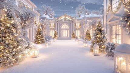 Snowy mansion, Christmas lights, winter wonderland