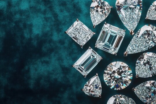 variety of ethical lab grown diamonds in different cuts and sizes, arranged on a sleek, modern surface of blue velvet , showcasing their versatility, minimal royal blue background with copy space