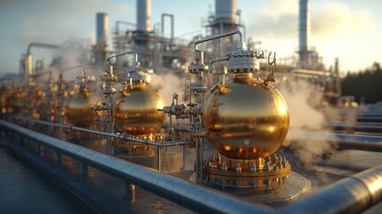 Golden industrial spheres in refinery.
