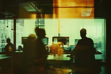 Blurred silhouettes of professionals collaborating in a bright workspace