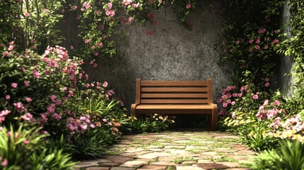 Obraz premium Wooden Bench In A Secluded Garden Oasis