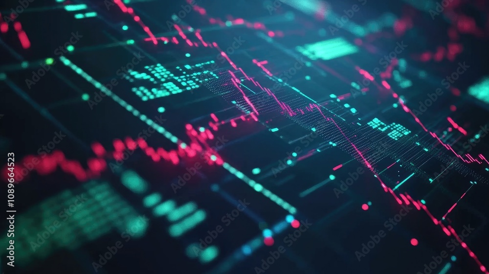 Poster abstract digital data visualization featuring glowing graphs and charts with vibrant colors in a fut