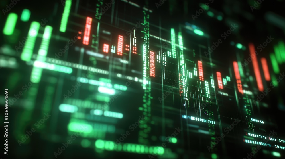 Poster abstract digital data visualization with green and red elements showcasing complex information flow 