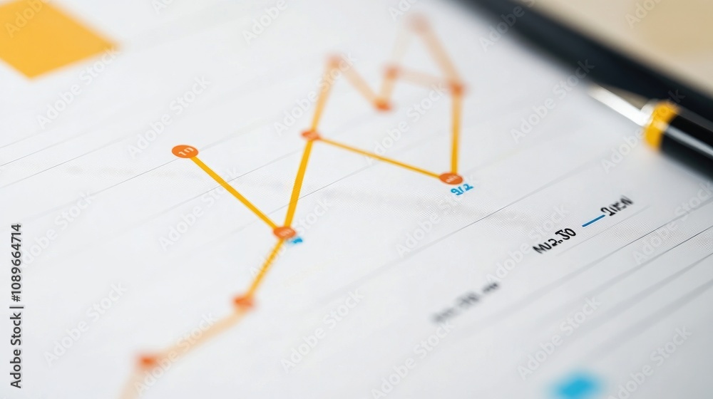 Poster close-up view of a line graph on paper with orange data points and a black pen on a smooth surface r