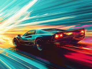 Fototapeta premium Futuristic Race Car in Motion, Surrounded by Vibrant Colors and Motion Blur
