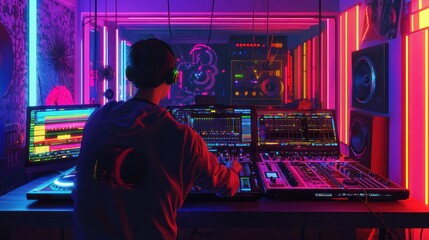 Fototapeta premium DJ in a Neon Studio: Mixing in a Vibrant Atmosphere