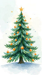 Fototapeta premium Illustration of a decorated Christmas tree with orange ornaments and a star, festive mood, winter theme