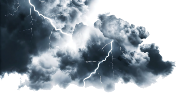 dark thunderstorm clouds with lightnings isolated on white background.AI GENERATED