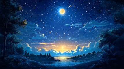 Fototapeta premium Serene Night Scene With Moonlit Lake And Starry Sky