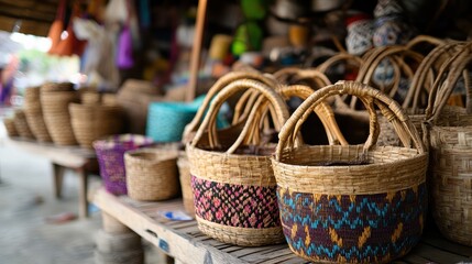 Woven baskets and handmade crafts brighten a market stall in Ubud, showcasing artisanal skills