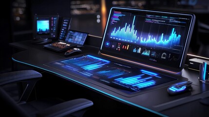 Data analysis dashboards modern office digital workspace high-tech environment close-up view innovative insights