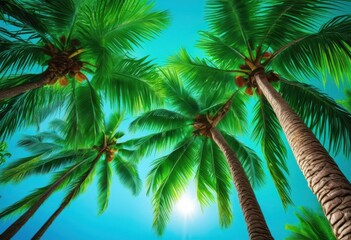 Fototapeta premium vibrant green palm trees clear blue sky creating lush tropical scene under bright sunshine, aesthetic, backdrop, backyard, beauty, beach, botanical