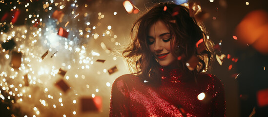 attractive stylish woman celebrating Christmas in red shiny dress on party with golden confetti in the night club