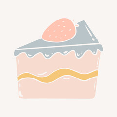 Doodle slice of strawberry cake vector illustration. Sweet strawberry pie icon vector isolated on a white background. Piece of fruit cake on a plate drawing