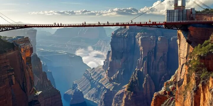 Engineers guiding the placement of bridge towers above a deep canyon, 4K Video