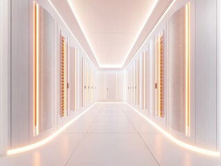 Obraz premium Futuristic Data Center Corridor with Soft Lighting and Sleek Design