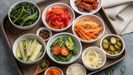 Korean Banchan Spread with Pickles and Kimchi