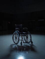 Obraz premium a realistic wheelchair is placed in the middle of a gymnasium in the dark, with a single light shining on it. generative ai