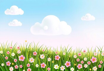 Cartoon Illustration of Green Grass with Pink Flowers and White Clouds in Blue Sky.