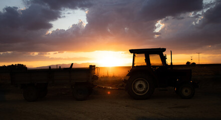 Fototapeta premium magnificent sunset and tractor view in agricultural field