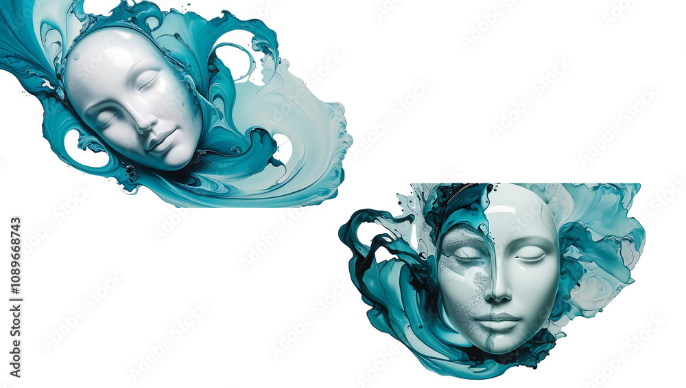 Aufkleber dynamic fluid art installation featuring abstract faces modern gallery digital art contemporary envi