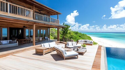 Fototapeta premium Luxurious beachfront villa with infinity pool, deck, and stunning ocean views.