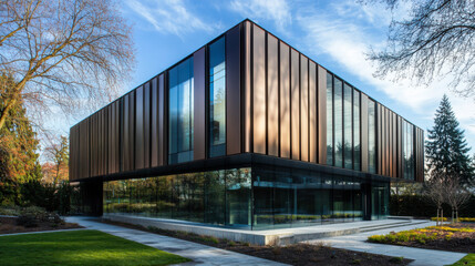 Obraz premium Modern architectural design of a glass and metal building surrounded by lush greenery on a clear day in an urban park