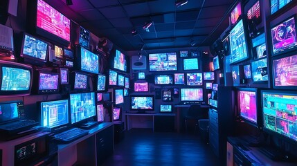 Futuristic room filled with numerous screens displaying vibrant, abstract data streams.  Neon lighting creates a cyberpunk atmosphere.