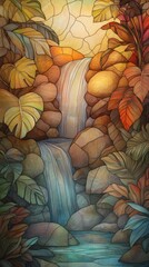 A serene waterfall cascades over rocks, surrounded by vibrant foliage in a tranquil natural setting.