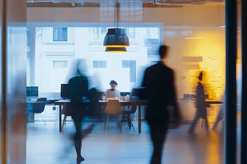Blurred silhouettes of professionals collaborating in a bright workspace