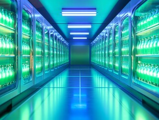 Fototapeta premium Illuminated Aisle of Refrigerated Bottles in a Futuristic Convenience Store