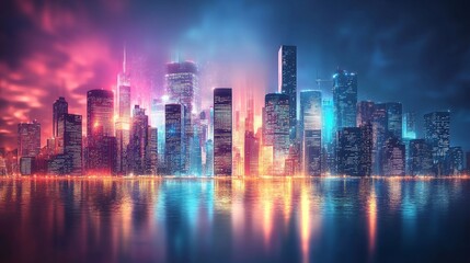 Fototapeta premium Neon Cityscape Reflecting in Calm Water at Night