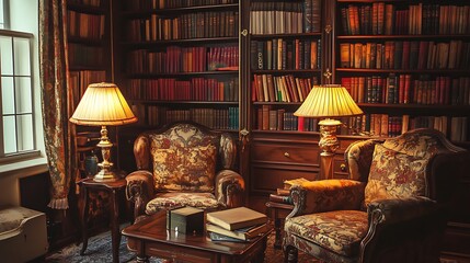  Cozy library with antique armchairs, bookshelves, and lamps.