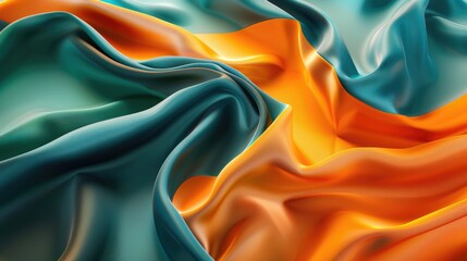 Abstract Gradient Silk Fabric effect Background with 3D Wave Bright orange and green blue