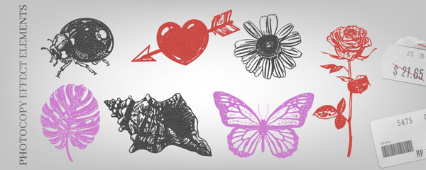 Retro photocopy effect vector elements, Y2K grainy rose and chamomile flowers, ladybug and butterfly, seashell, heart © sabelskaya