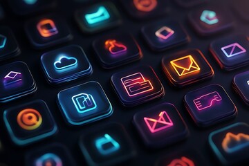Fototapeta premium Dynamic glowing corporate icons with dark gradients in the background