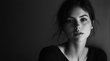 Fototapeta premium A young woman poses thoughtfully against a textured wall in soft black and white, radiating calm confidence in a quiet moment