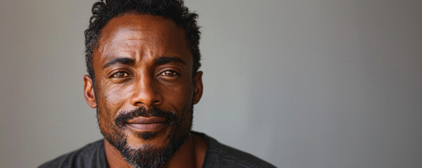 Obraz premium A portrait photo of an smiling happy afro-american men male with brown hairs and eyes with copy space grey background