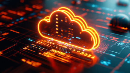 Conceptual representation of cloud computing technology with illuminated graphics showcasing data integration and connectivity