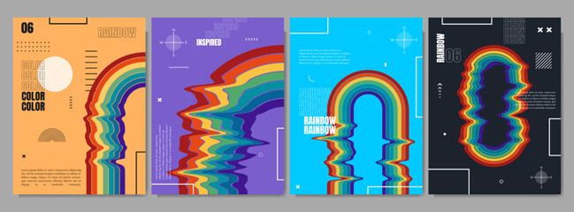 Vector illustration. Twisted rainbow shape with memphis pattern geometric elements. Design elements for poster, magazine, book cover, layout, brochure. Retro futuristic art design. Distorted boho arch