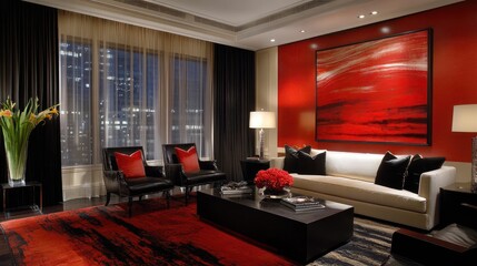 Modern and Elegant Living Room with Red Accents, Artistic Wall Decor and Chic Furniture in a Luxury Apartment Overlooking the City Skyline at Night