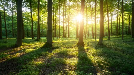 Obraz premium Sun rays through above the tall tree forest in the morning. Concept of Nature, Freshness, Relaxing, Peaceful