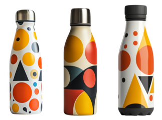 colorful patterned stainless steel water bottles modern design transparent background