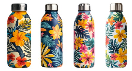 Colorful tropical floral pattern water bottles with metal lids transparent background
