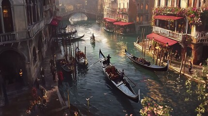 Obraz premium Gondolas glide on a sunlit Venetian canal, passing under a bridge amidst historic buildings and flowering plants.