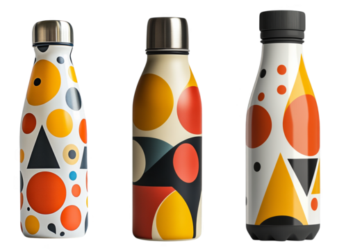 colorful patterned stainless steel water bottles modern design transparent background