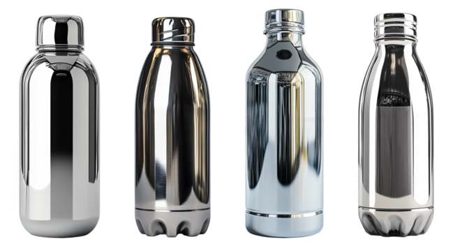 shiny stainless steel water bottles modern design transparent background