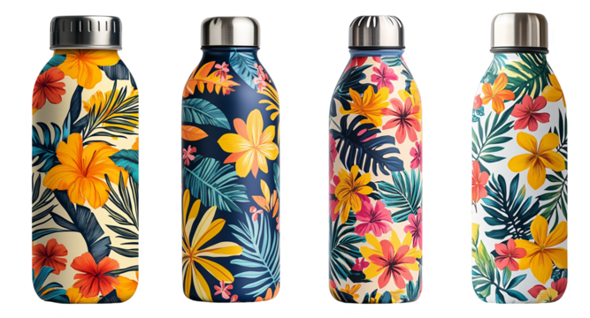 Colorful tropical floral pattern water bottles with metal lids transparent background